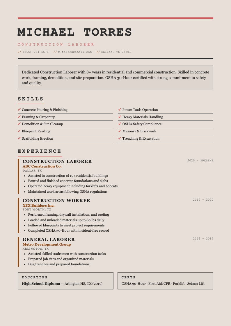 Retro 90s Grunge construction laborer resume